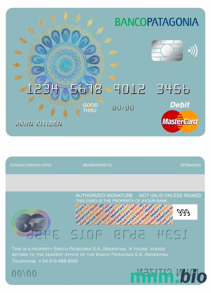 Argentina Banco Patagonia S.A. bank mastercard debet karta przykład w formacie PSD